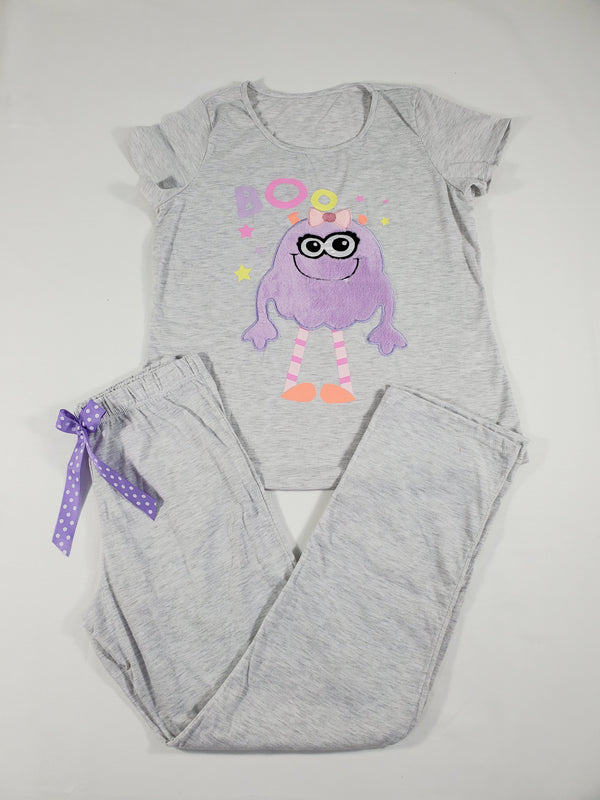California Women's pajama set gray pants gray short sleeve shirt cute purple monster image - Princess Pajamas