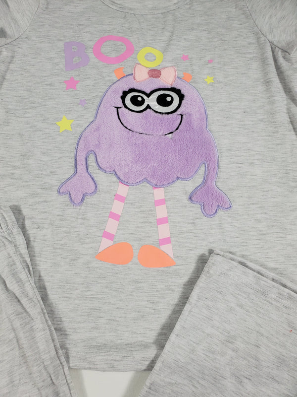 California Women's pajama set gray pants gray short sleeve shirt cute purple monster image - Princess Pajamas