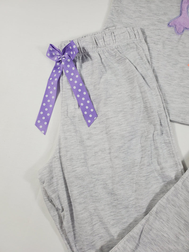 California Women's pajama set gray pants gray short sleeve shirt cute purple monster image - Princess Pajamas