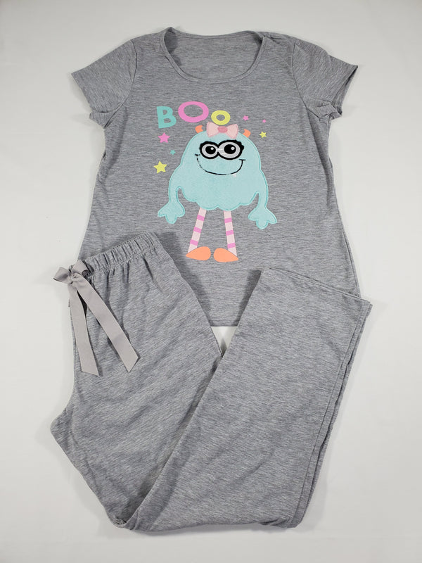 California Women's pajama set gray pants gray short sleeve shirt cute jade monster image - Princess Pajamas