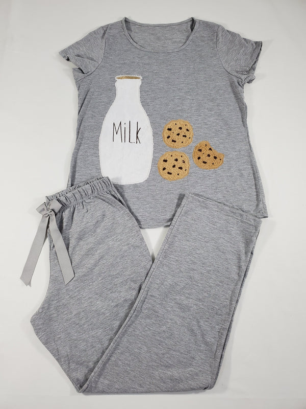 California Women's pajama set gray pants gray short sleeve shirt with cookies and milk image - Princess Pajamas
