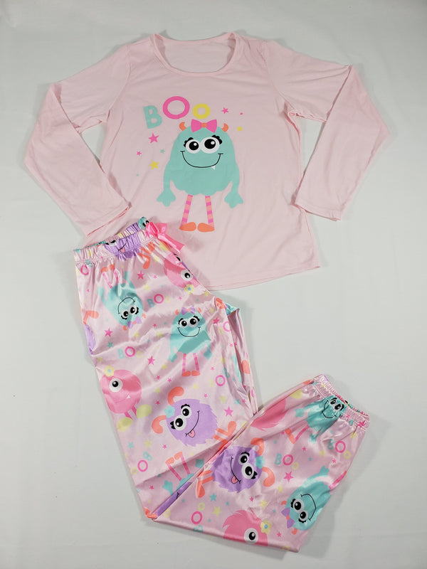 Cute satin pink Women's pajama set monster theme pants pink long sleeve shirt - Princess Pajamas
