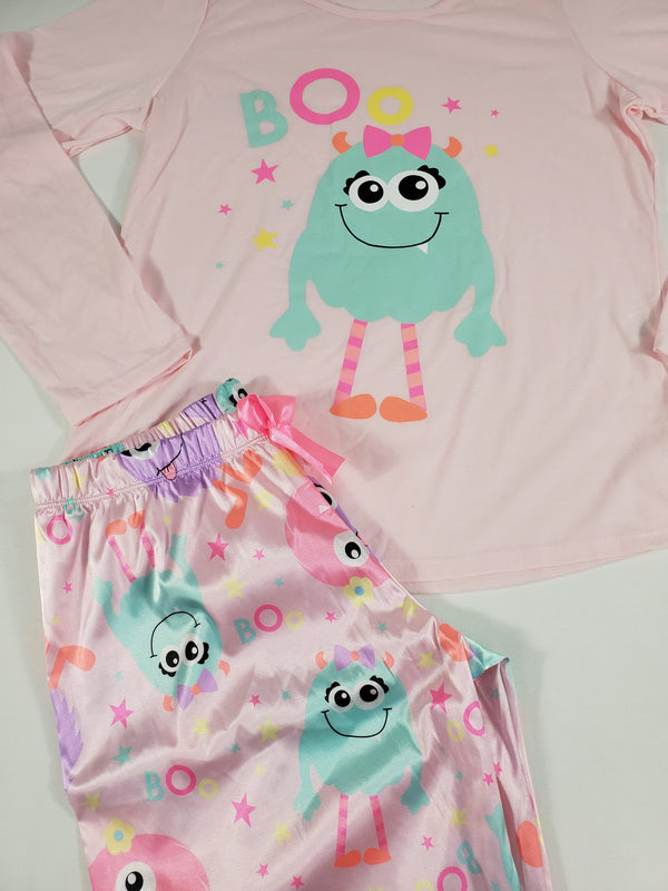 Cute satin pink Women's pajama set monster theme pants pink long sleeve shirt - Princess Pajamas