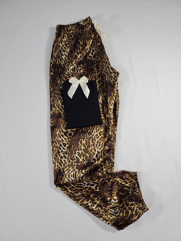 Sexy satin Women's pajama yellow and brown leopard theme pants black blouse - Princess Pajamas