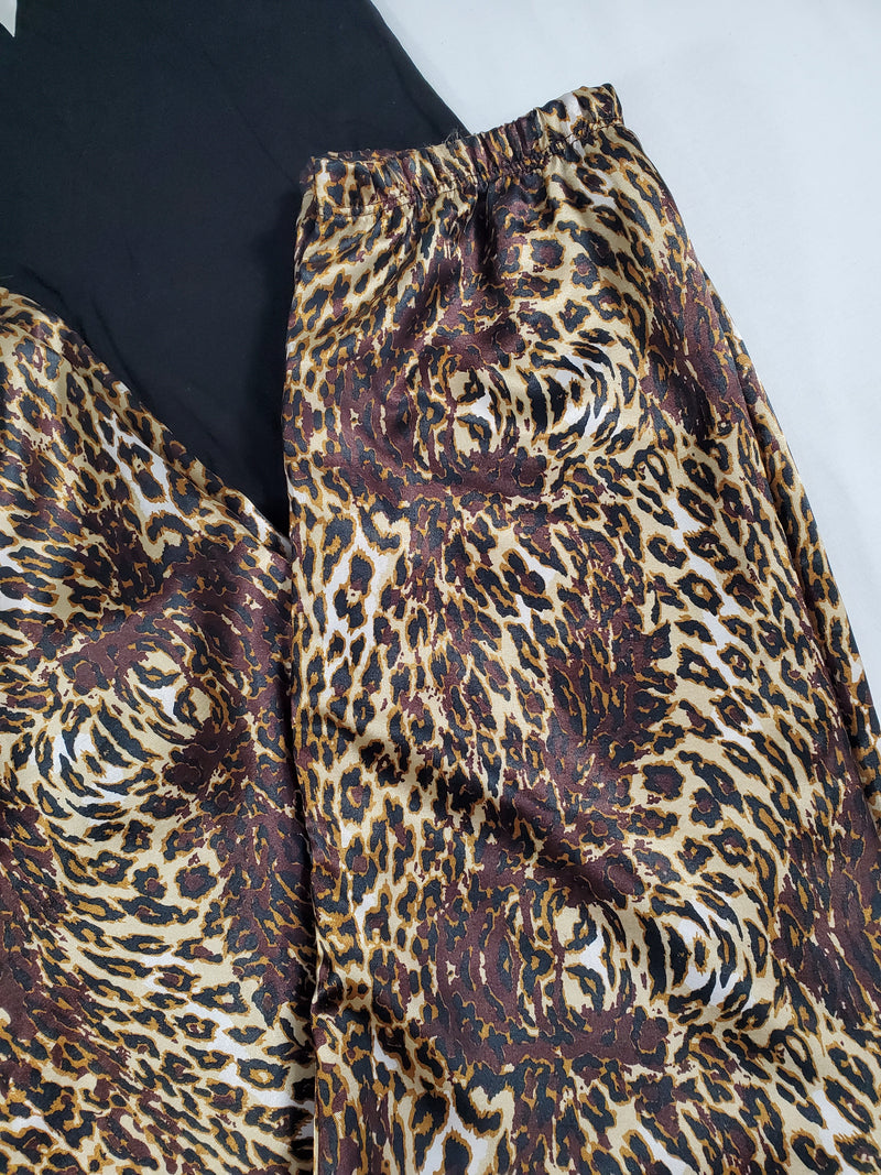 Sexy satin Women's pajama yellow and brown leopard theme pants black blouse - Princess Pajamas