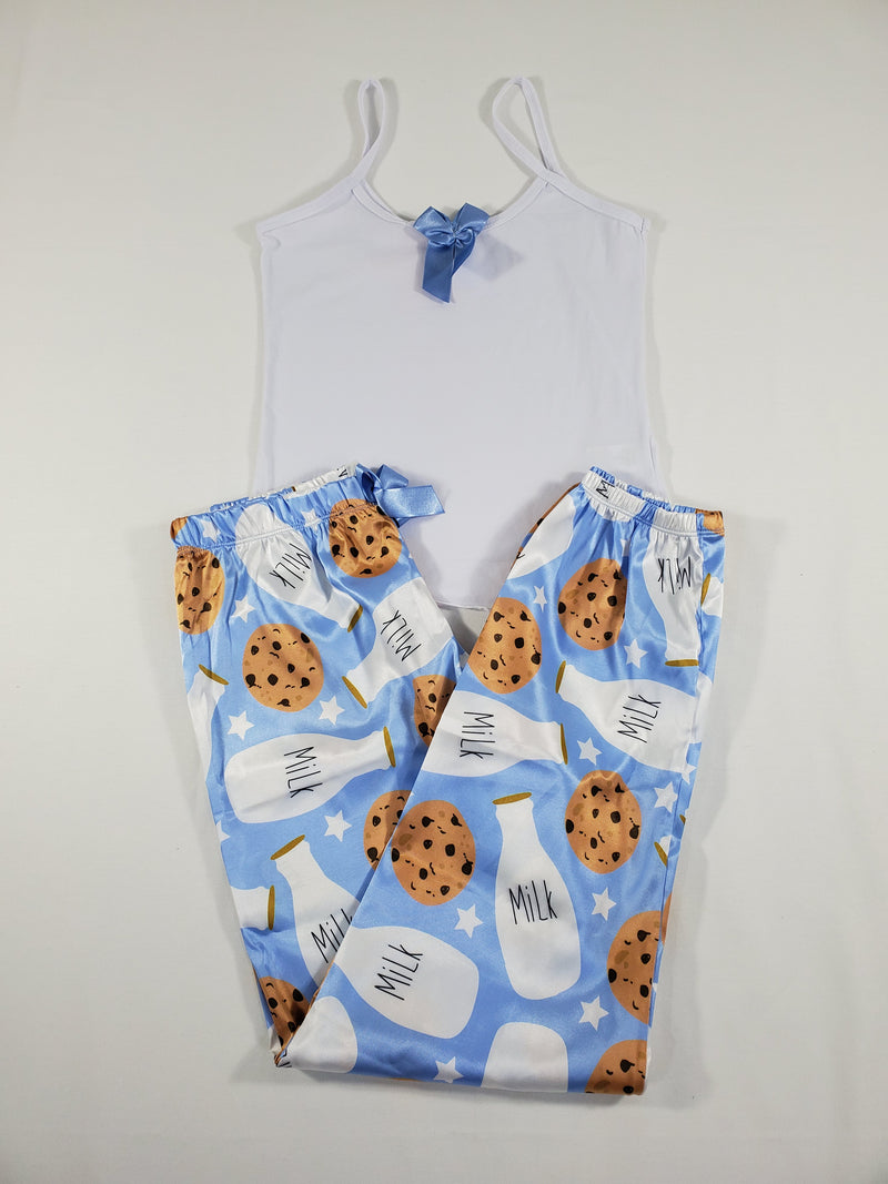 Sexy Women's pajama blue satin pants milk and cookies theme white blouse - Princess Pajamas