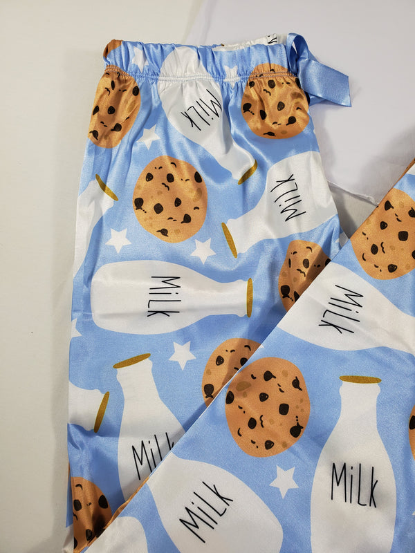 Sexy Women's pajama blue satin pants milk and cookies theme white blouse - Princess Pajamas
