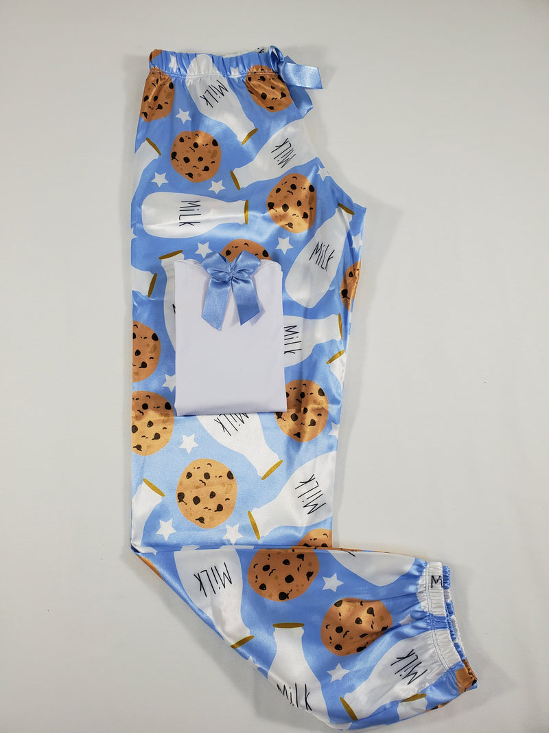 Sexy Women's pajama blue satin pants milk and cookies theme white blouse - Princess Pajamas