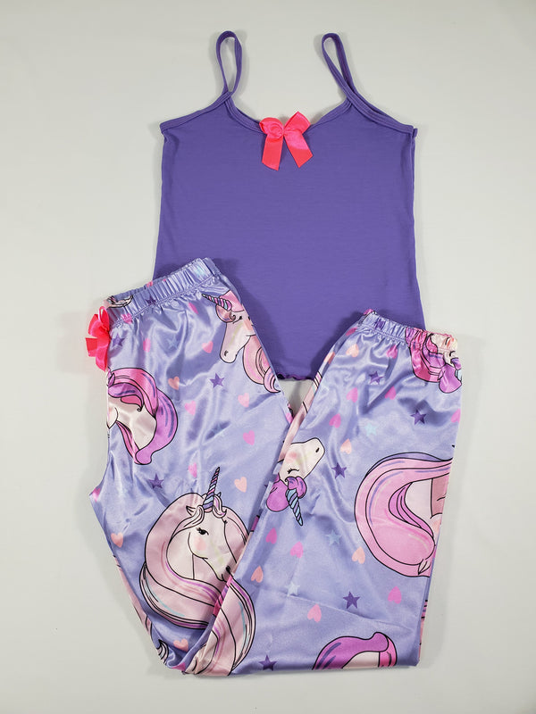 Sexy purple satin Women's pajama pants with unicorn theme purple blouse - Princess Pajamas