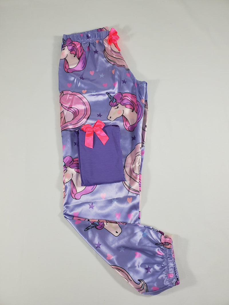 Sexy purple satin Women's pajama pants with unicorn theme purple blouse - Princess Pajamas