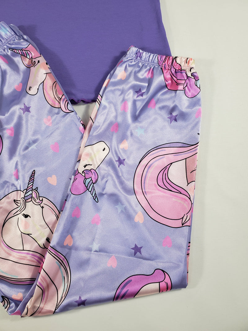 Sexy purple satin Women's pajama pants with unicorn theme purple blouse - Princess Pajamas