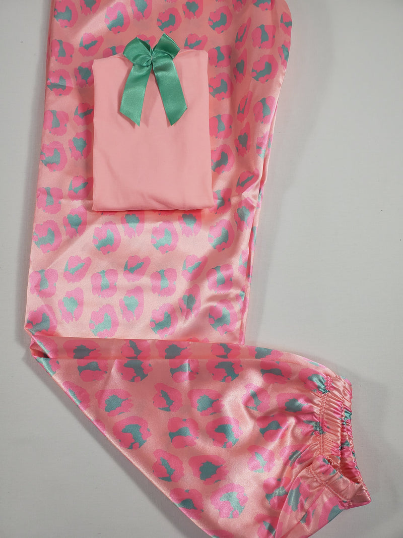 Sexy satin pink Women's pajama animal theme pants pink blouse - Princess Pajamas
