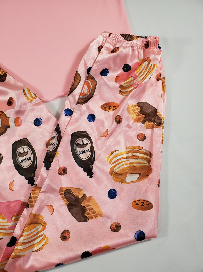 Women's Sexy pink satin pajama pancake breakfast theme pants pink blouse - Princess Pajamas