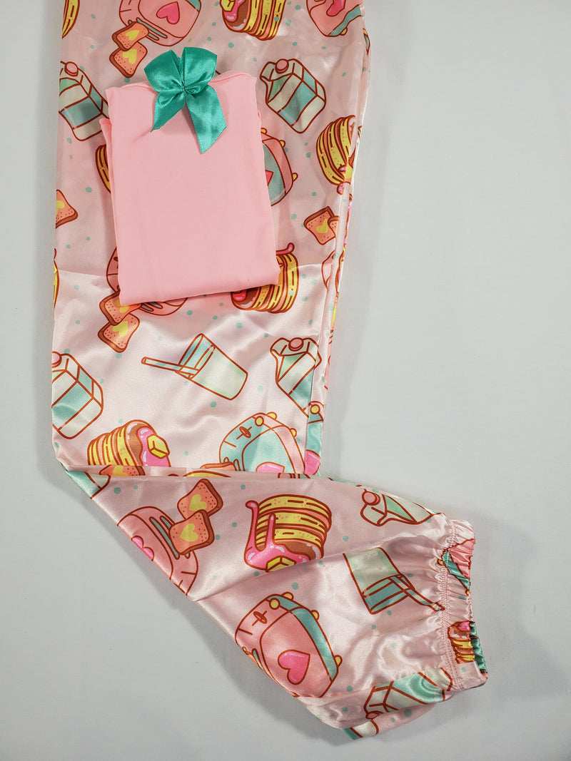 Sexy satin pink Women's pajama set breakfast toast theme pants pink blouse - Princess Pajamas