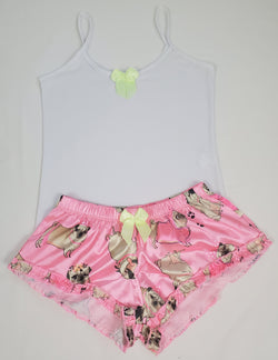 Sexy Women's pajama pink satin shorts puppies theme white blouse - Princess Pajamas