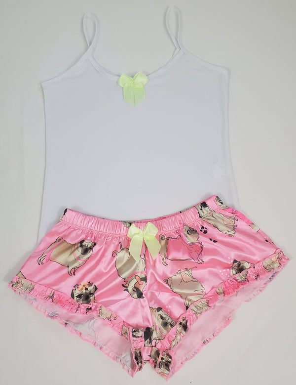 Sexy Women's pajama pink satin shorts puppies theme white blouse - Princess Pajamas