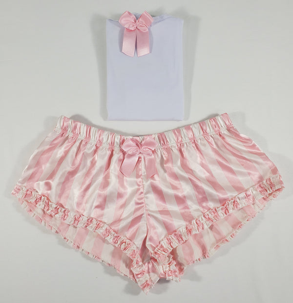 Sexy Women's pajama pink satin shorts with white stripes white blouse - Princess Pajamas