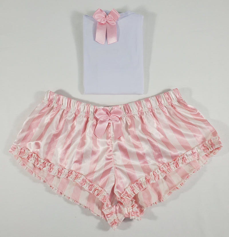 Sexy Women's pajama pink satin shorts with white stripes white blouse - Princess Pajamas