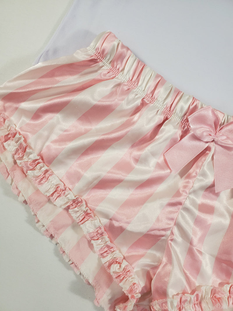 Sexy Women's pajama pink satin shorts with white stripes white blouse - Princess Pajamas