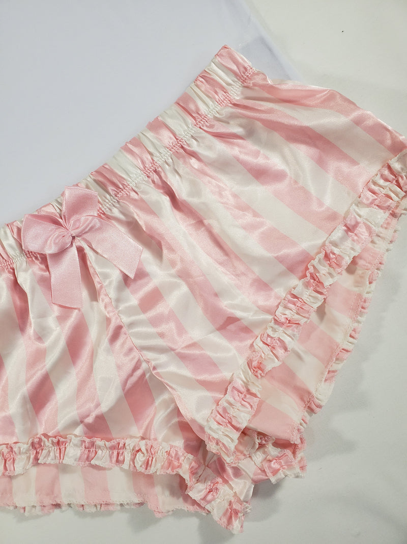 Sexy Women's pajama pink satin shorts with white stripes white blouse - Princess Pajamas