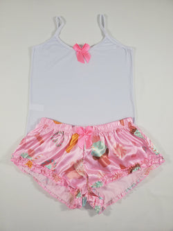 Sexy Women's pajama pink satin shorts donuts theme white blouse - Princess Pajamas