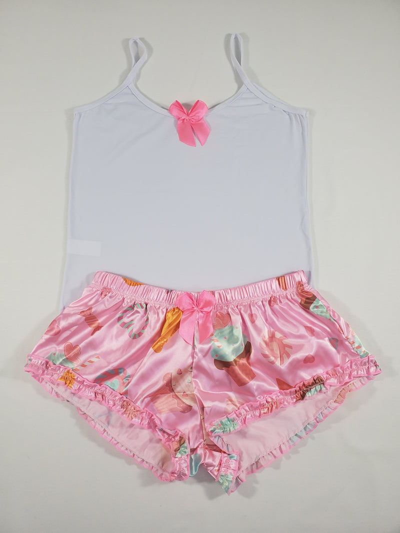 Sexy Women's pajama pink satin shorts donuts theme white blouse - Princess Pajamas