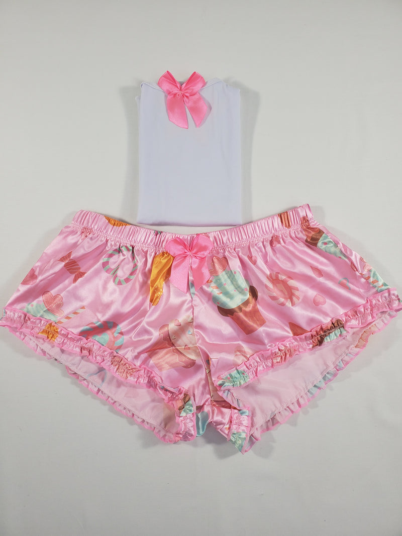 Sexy Women's pajama pink satin shorts donuts theme white blouse - Princess Pajamas