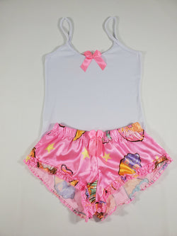 Sexy Women's pajama pink satin shorts desserts theme white blouse - Princess Pajamas