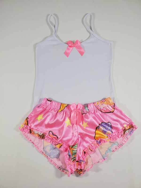 Sexy Women's pajama pink satin shorts desserts theme white blouse - Princess Pajamas