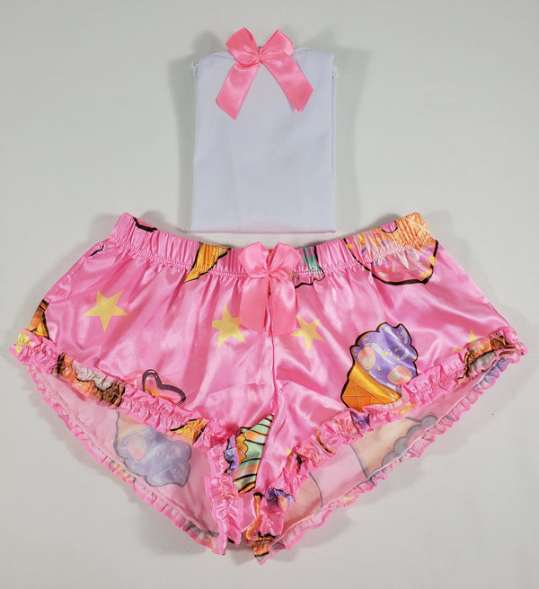 Sexy Women's pajama pink satin shorts desserts theme white blouse - Princess Pajamas