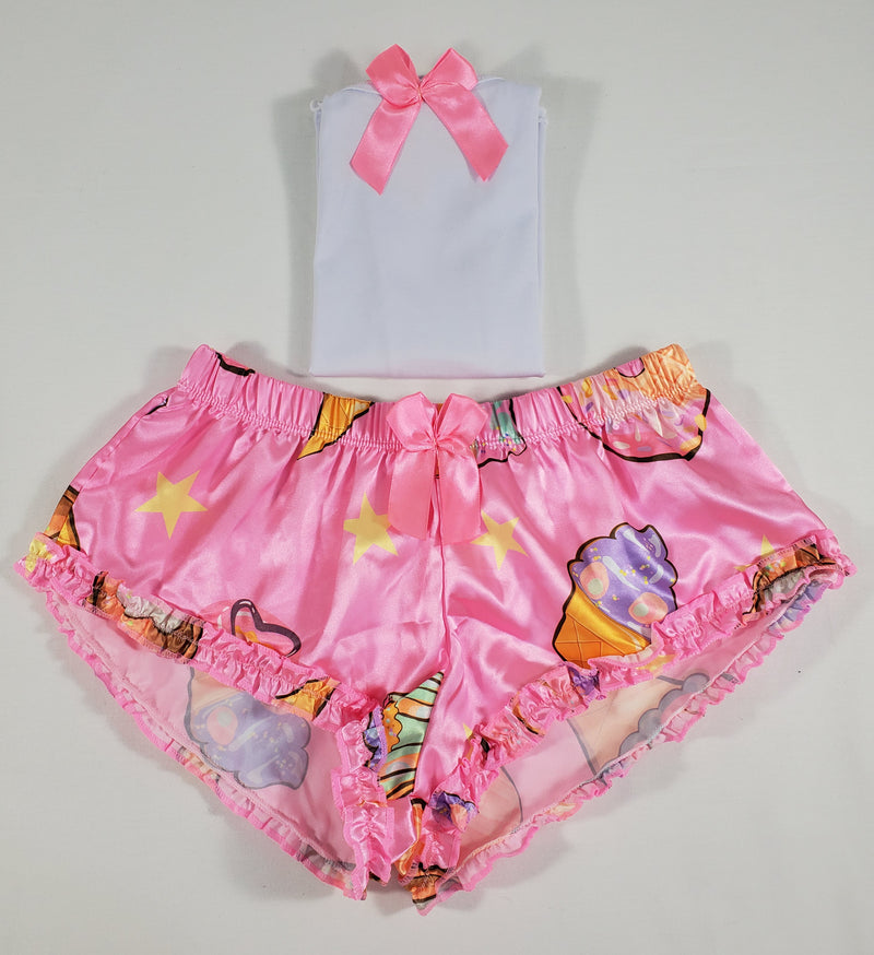Sexy Women's pajama pink satin shorts desserts theme white blouse - Princess Pajamas