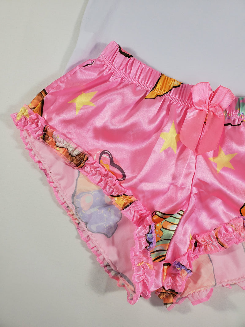 Sexy Women's pajama pink satin shorts desserts theme white blouse - Princess Pajamas