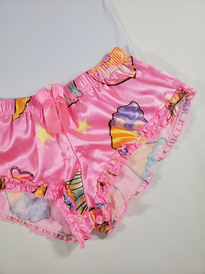 Sexy Women's pajama pink satin shorts desserts theme white blouse - Princess Pajamas
