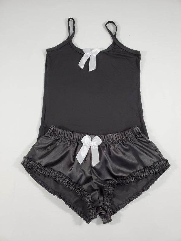 Sexy Women's pajama black satin shorts black blouse - Princess Pajamas