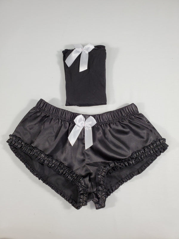 Sexy Women's pajama black satin shorts black blouse - Princess Pajamas