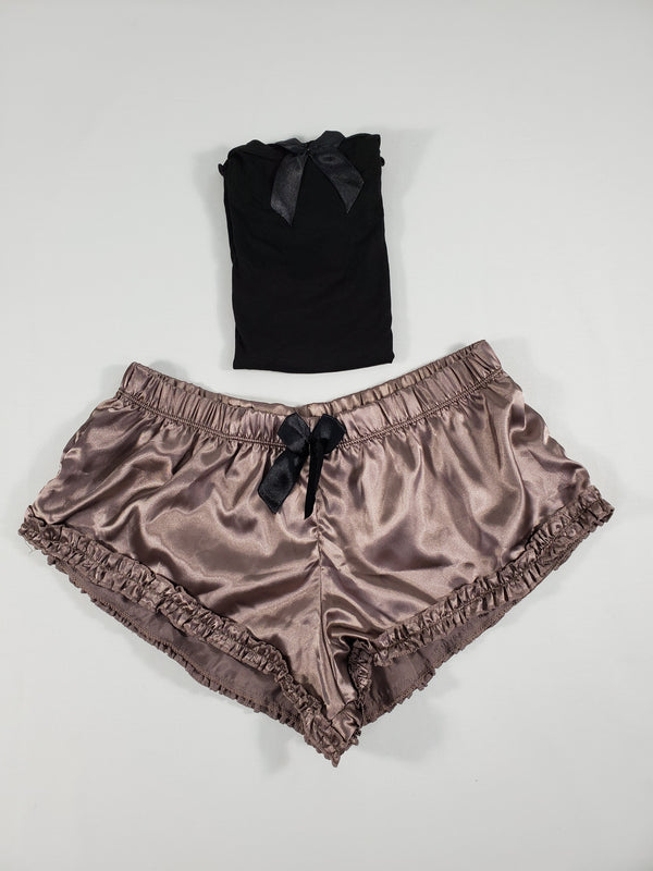 Women's Sexy satin pajama set light brown shorts black blouse - Princess Pajamas