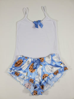 Sexy Women's pajama blue satin shorts cookies and milk theme white blouse - Princess Pajamas