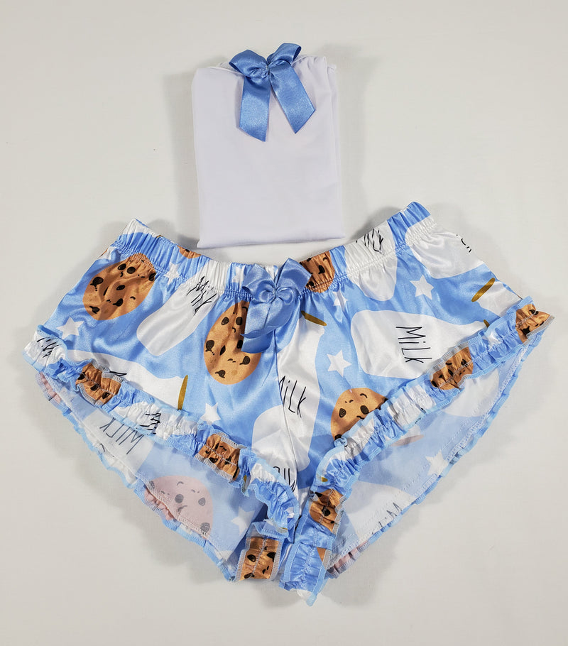 Sexy Women's pajama blue satin shorts cookies and milk theme white blouse - Princess Pajamas