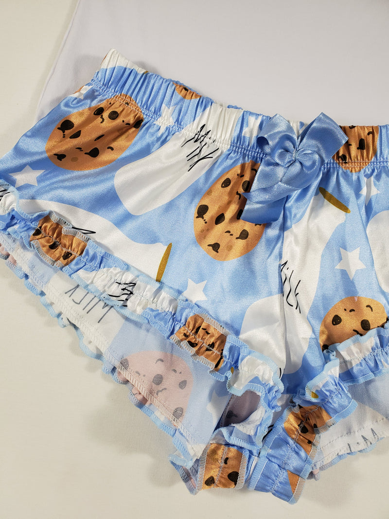 Sexy Women's pajama blue satin shorts cookies and milk theme white blouse - Princess Pajamas