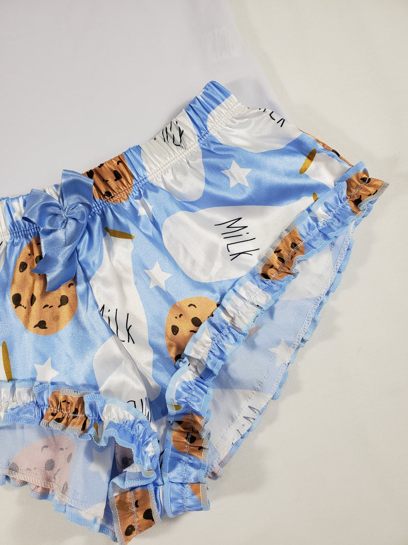 Sexy Women's pajama blue satin shorts cookies and milk theme white blouse - Princess Pajamas