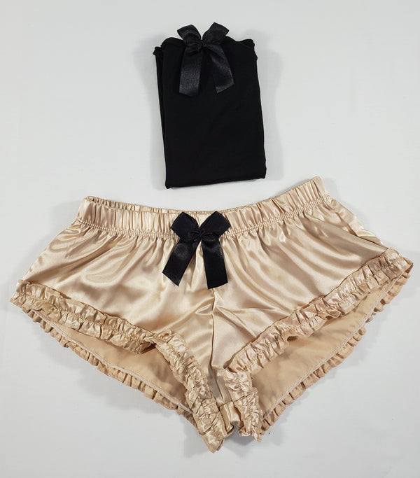 Sexy Women's pajama light gold satin shorts black blouse - Princess Pajamas