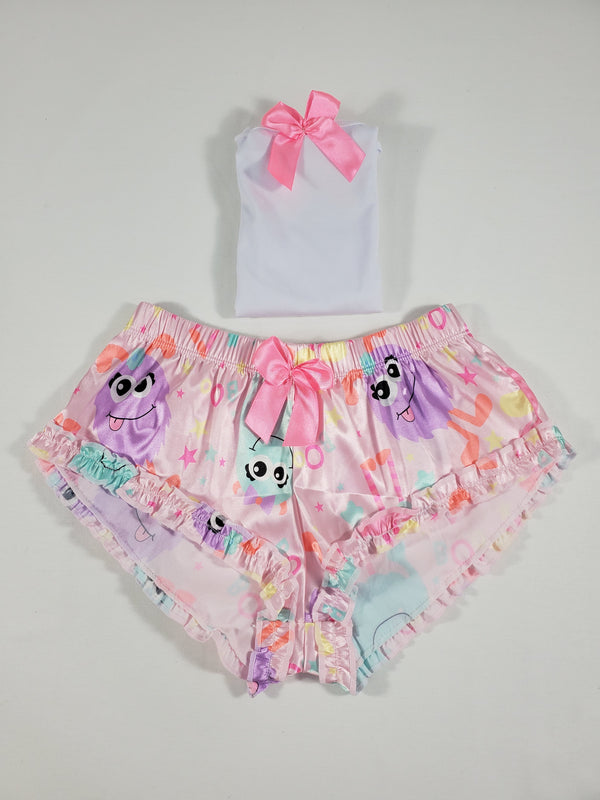 Sexy Women's pajama pink satin shorts cute monsters theme white blouse - Princess Pajamas