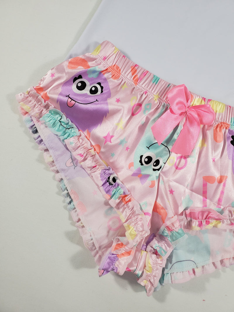 Sexy Women's pajama pink satin shorts cute monsters theme white blouse - Princess Pajamas