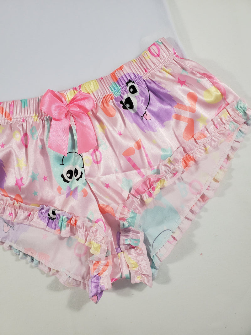 Sexy Women's pajama pink satin shorts cute monsters theme white blouse - Princess Pajamas
