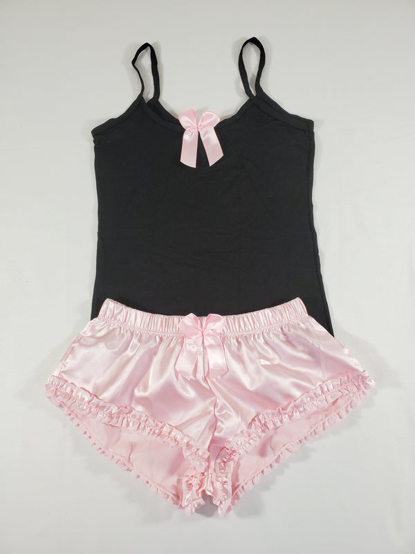 Sexy Women's pajama pink satin shorts black blouse - Princess Pajamas