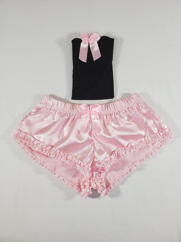 Sexy Women's pajama pink satin shorts black blouse - Princess Pajamas