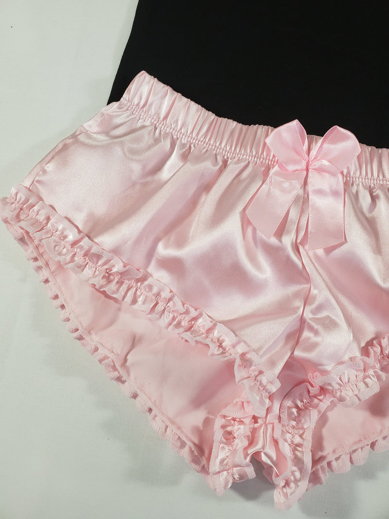 Sexy Women's pajama pink satin shorts black blouse - Princess Pajamas