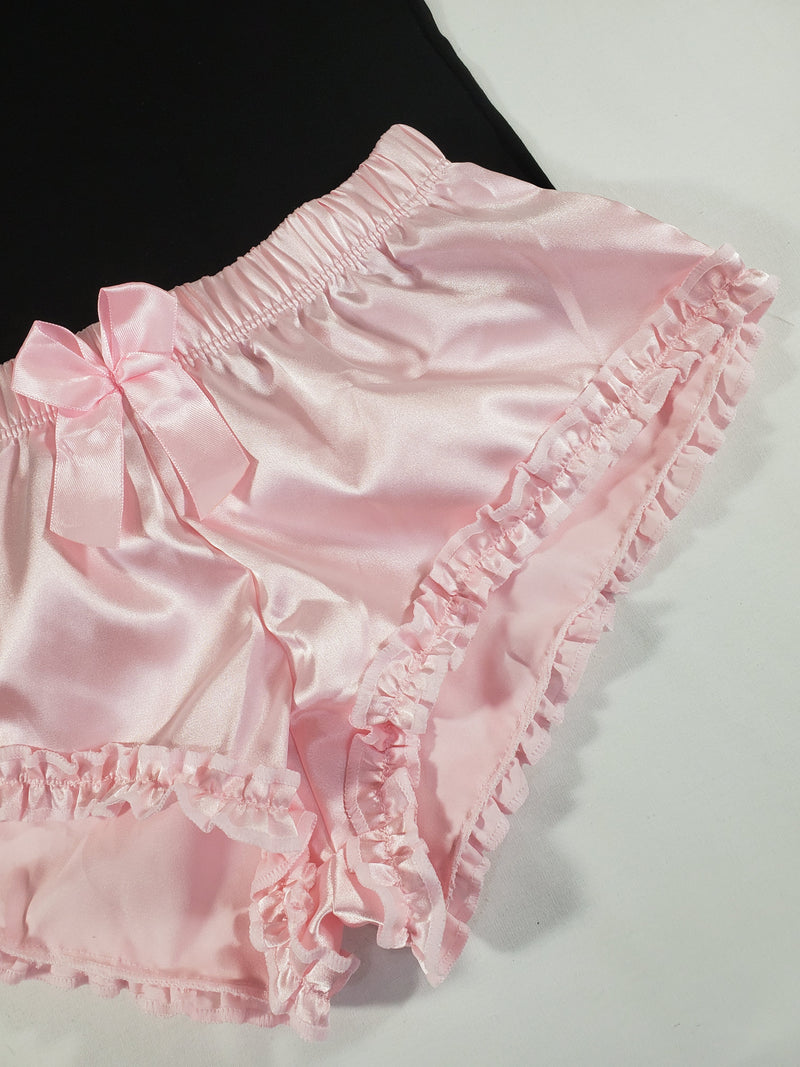 Sexy Women's pajama pink satin shorts black blouse - Princess Pajamas