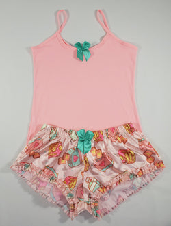 Sexy Women's pajama pink satin shorts breakfast theme pink blouse - Princess Pajamas