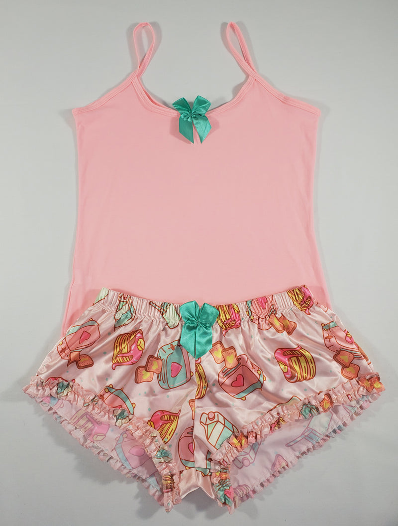 Sexy Women's pajama pink satin shorts breakfast theme pink blouse - Princess Pajamas